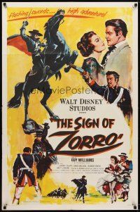 5p786 SIGN OF ZORRO 1sh '60 Walt Disney, cool art of masked hero Guy Williams on horseback!