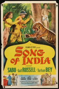 5p809 SONG OF INDIA 1sh '49 Sabu watches Gail Russell & Turhan Bey attack tiger!
