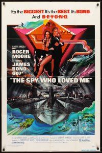 5p821 SPY WHO LOVED ME 1sh '77 cool artwork of Roger Moore as James Bond by Bob Peak!