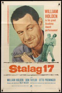 5p824 STALAG 17 1sh R59 huge different close up of William Holden, Billy Wilder WWII classic!