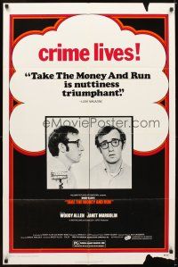 5p869 TAKE THE MONEY & RUN 1sh R70s wacky Woody Allen mugshot in classic mockumentary!