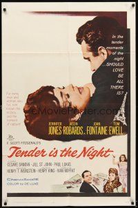 5p881 TENDER IS THE NIGHT 1sh '61 romantic close up of Jennifer Jones & Jason Robards Jr.!