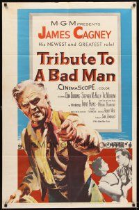5p918 TRIBUTE TO A BAD MAN 1sh '56 great art of cowboy James Cagney, pretty Irene Papas!
