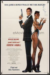 5p945 VIEW TO A KILL advance 1sh '85 art of Moore as Bond 007 & smoking Grace Jones by Goozee!