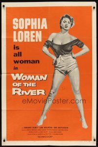 5p979 WOMAN OF THE RIVER 1sh R57 La Donna del fiume, full-length art of sexy Sophia Loren!