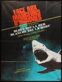 5r467 BLUE WATER, WHITE DEATH French 1p '71 cool close image of great white shark with open mouth!