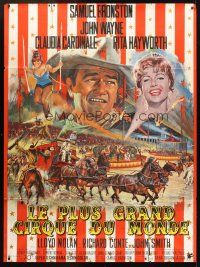 5r487 CIRCUS WORLD French 1p '65 best art of Claudia Cardinale & John Wayne by Jean Mascii!