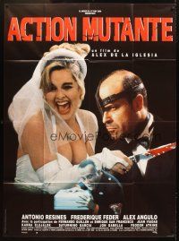 5r683 MUTANT ACTION French 1p '92 Accion mutante, wild image of bride with bloody knife & groom!