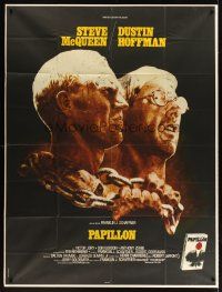 5r703 PAPILLON French 1p '73 great Tom Jung art of prisoners Steve McQueen & Dustin Hoffman!!