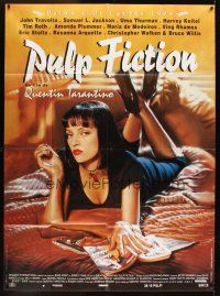 5r724 PULP FICTION French 1p '94 Quentin Tarantino, close up of sexy Uma Thurman in bed!