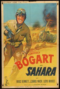 5r399 SAHARA French 31x47 '45 cool art of World War II soldier Humphrey Bogart with gun by tank!