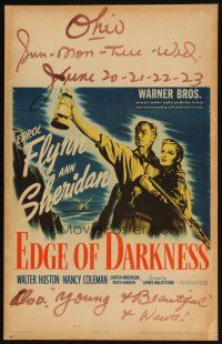 5r290 EDGE OF DARKNESS WC '42 artwork of Errol Flynn & Ann Sheridan, Lewis Milestone