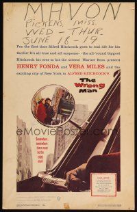 5r385 WRONG MAN WC '57 Henry Fonda, Vera Miles, Alfred Hitchcock, cool rear view mirror art!
