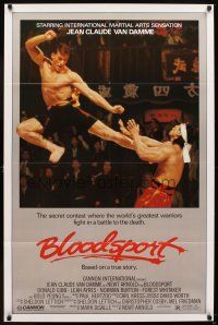 5w141 BLOODSPORT 1sh '88 cool image of Jean Claude Van Damme kicking Bolo Yeung, martial arts!