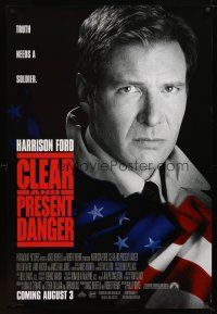 5w195 CLEAR & PRESENT DANGER advance 1sh '94 great portrait of Harrison Ford and American flag!