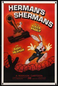 5w395 HERMAN'S SHERMANS Kilian 1sh '88 great art of Roger Rabbit running from Baby Herman in tank!