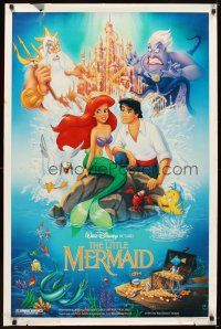 5w497 LITTLE MERMAID DS 1sh '89 great image of Ariel & cast, Disney underwater cartoon!