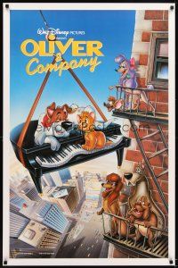 5w582 OLIVER & COMPANY int'l 1sh '88 great image of Walt Disney cats & dogs in New York City!