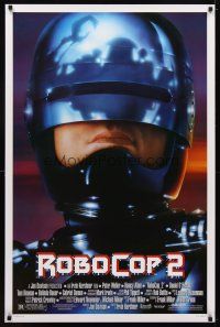 5w639 ROBOCOP 2 1sh '90 super close up of cyborg policeman Peter Weller, sci-fi sequel!