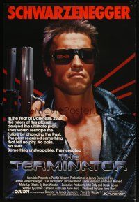 5w725 TERMINATOR 1sh '84 super close up of most classic cyborg Arnold Schwarzenegger with gun!