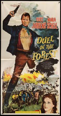 5s664 DUEL IN THE FOREST  3sh '58 artwork of barechested Curd Jurgens, Maria Schell