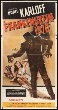 5s685 FRANKENSTEIN 1970 3sh '58 Boris Karloff, great artwork of monster attacking sexy girl!