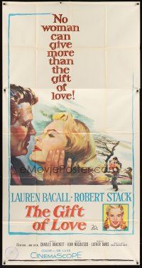 5s690 GIFT OF LOVE 3sh '58 great romantic close up art of Lauren Bacall & Robert Stack!
