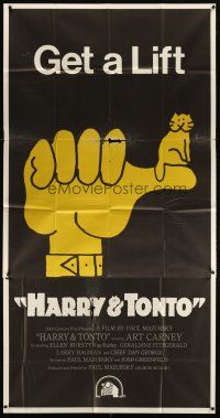 5s705 HARRY & TONTO 3sh '74 Paul Mazursky, wonderful art of cat sitting on giant thumb!