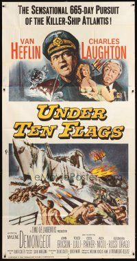 5s871 UNDER TEN FLAGS 3sh '60 art of Van Heflin, Charles Laughton & sexy Mylene Demongeot!