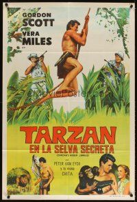 5s295 TARZAN'S HIDDEN JUNGLE Argentinean '55 artwork of Gordon Scott as Tarzan swinging on vine!