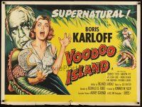 5s044 VOODOO ISLAND British quad '57 Boris Karloff, art of woman-eating cobra plant attacking girl!