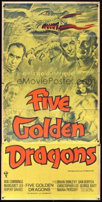 5s025 FIVE GOLDEN DRAGONS English 3sh '67 cool montage art of Chris Lee, Kinski, Raft & Cummings!