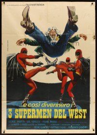 5s537 THREE SUPERMEN OF THE WEST Italian 1p '73 great wacky super hero art by Mario Piovano!