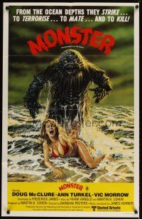 5t537 HUMANOIDS FROM THE DEEP Aust 1sh '80 art of monster over sexy girl on beach!