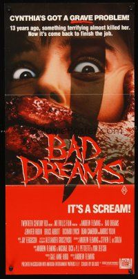 5t587 BAD DREAMS Aust daybill '88 close up of something terrifying w/knife grabbing Cynthia by mouth