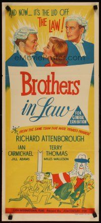 5t613 BROTHERS IN LAW Aust daybill '57 Boulting Brothers, Richard Attenborough, wacky art!