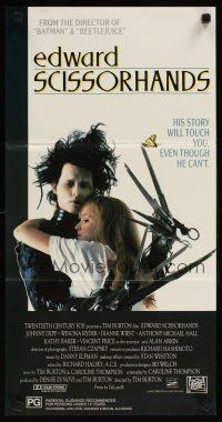 5t671 EDWARD SCISSORHANDS Aust daybill '90 Tim Burton classic, scarred Johnny Depp & Winona Ryder!