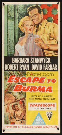 5t677 ESCAPE TO BURMA Aust daybill '55 romantic art of Robert Ryan & Barbara Stanwyck in India!