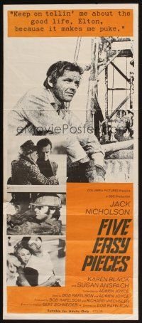 5t689 FIVE EASY PIECES Aust daybill '70 close up of Jack Nicholson, directed by Bob Rafelson!