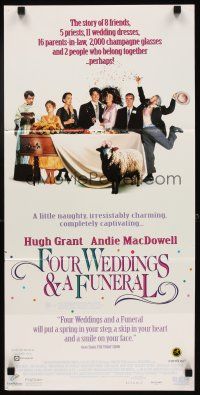 5t703 FOUR WEDDINGS & A FUNERAL video Aust daybill '94 Hugh Grant, Andie McDowell & sheep!