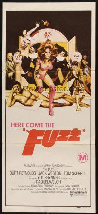 5t716 FUZZ Aust daybill '72 wacky art of naked Burt Reynolds & sexiest cop Raquel Welch!