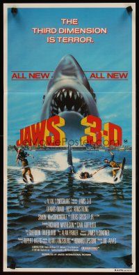 5t792 JAWS 3-D Aust daybill '83 Gary Meyer shark artwork, the third dimension is terror!