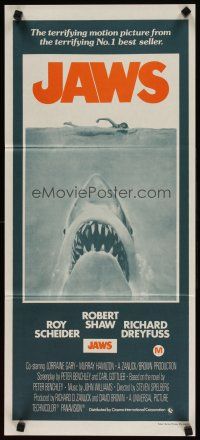 5t791 JAWS Aust daybill R70s art of Steven Spielberg's classic man-eating shark attacking swimmer!