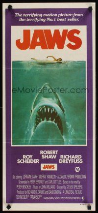 5t790 JAWS Aust daybill '75 art of Spielberg's classic man-eating shark attacking sexy swimmer!