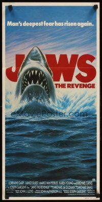 5t793 JAWS: THE REVENGE Aust daybill '87 great artwork of shark, man's deepest fear has risen!