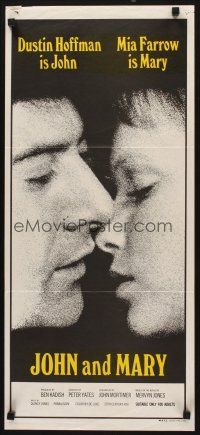 5t795 JOHN & MARY Aust daybill '69 super close image of Dustin Hoffman about to kiss Mia Farrow!