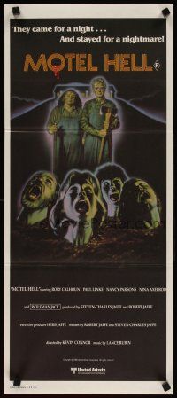 5t850 MOTEL HELL Aust daybill '80 wild horror art, they came for a night, stayed for a nightmare!
