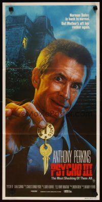 5t889 PSYCHO III Aust daybill '86 close image of Anthony Perkins as Norman Bates, horror sequel!