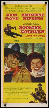 5t908 ROOSTER COGBURN Aust daybill '75 great art of John Wayne with eye patch & Katharine Hepburn!