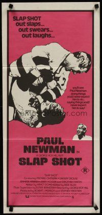 5t923 SLAP SHOT Aust daybill '77 ice hockey, cool image of Paul Newman fighting!